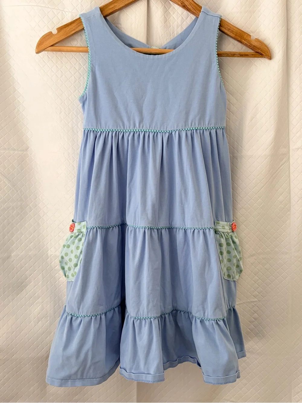 Matilda Jane Light Blue Tiered Dress with Mint Polka-Dot Pockets